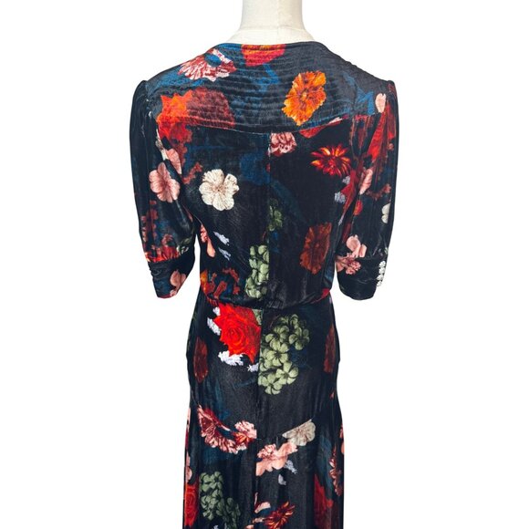 NWT Cara Cara 4 Floral Velvet Midi Dress Rhinestone Buttons V-Neck Puff Sleeves - Picture 9 of 16